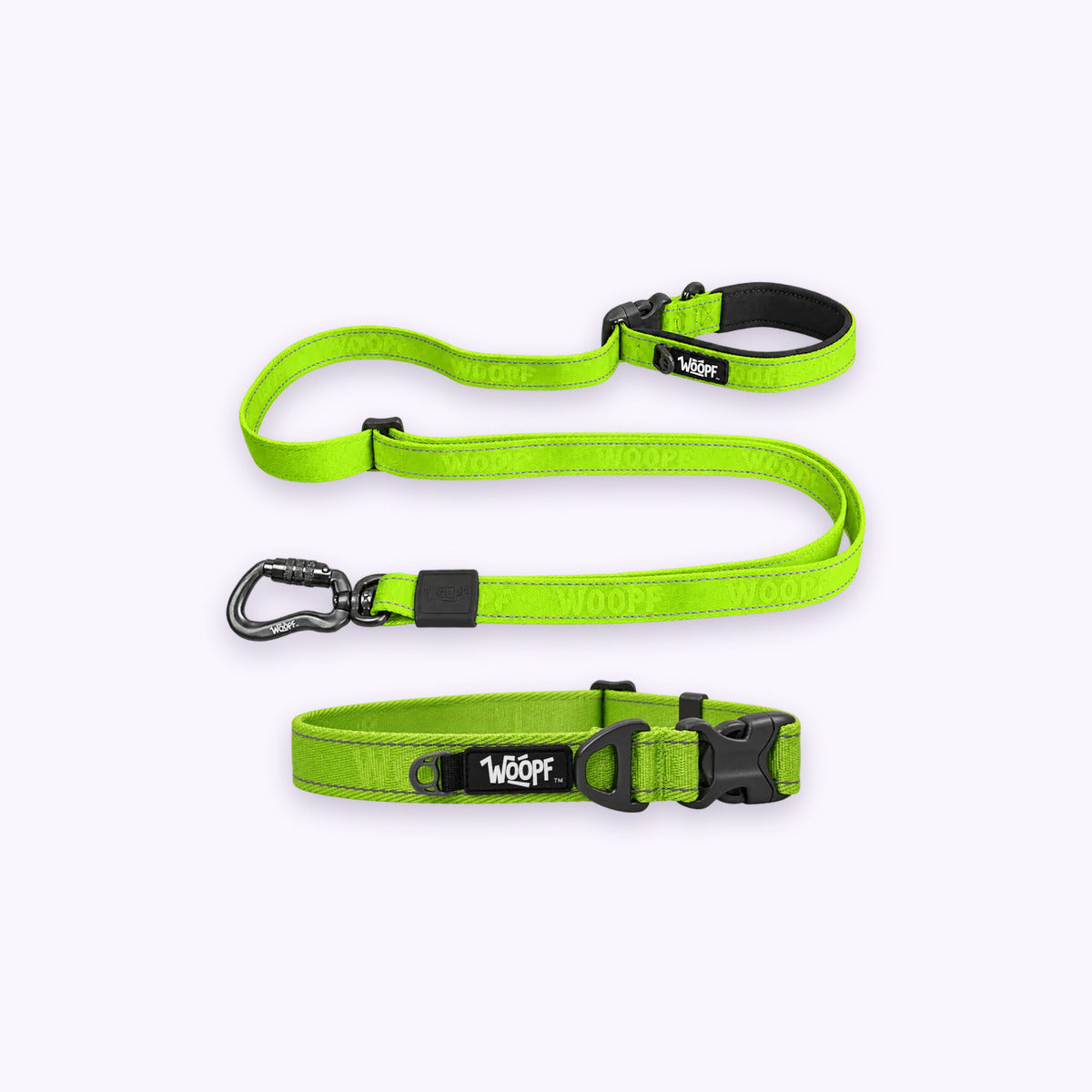 Green | City Bundle: The Green Explorer Collar with the Green Explorer Adjustable Leash on a pale lavender background