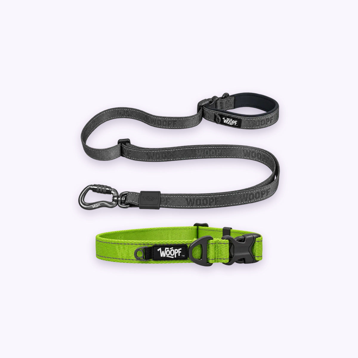 Green | City Bundle: The Green Explorer Collar with the Grey Explorer Adjustable Leash on a pale lavender background