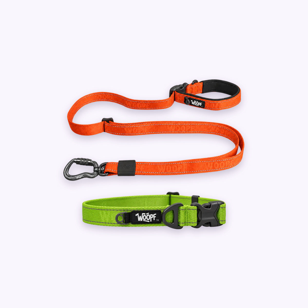 Green | City Bundle: The Green Explorer Collar with the Orange Explorer Adjustable Leash on a pale lavender background