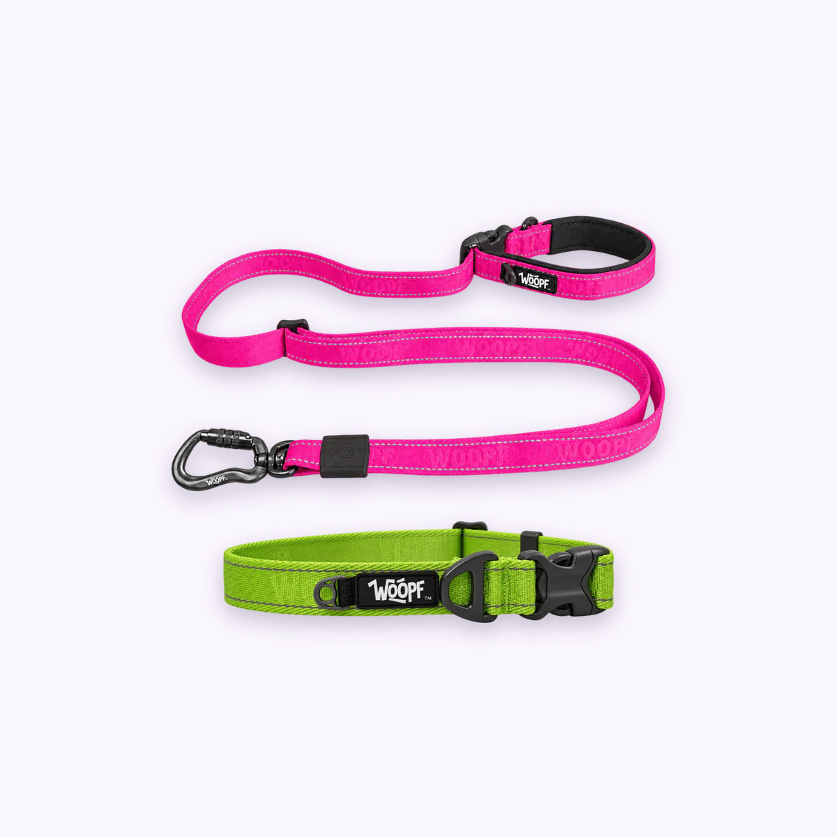 Green | City Bundle: The Green Explorer Collar with the Pink Explorer Adjustable Leash on a pale lavender background