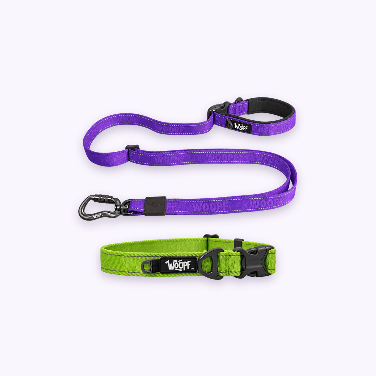 Green | City Bundle: The Green Explorer Collar with the Purple Explorer Adjustable Leash on a pale lavender background