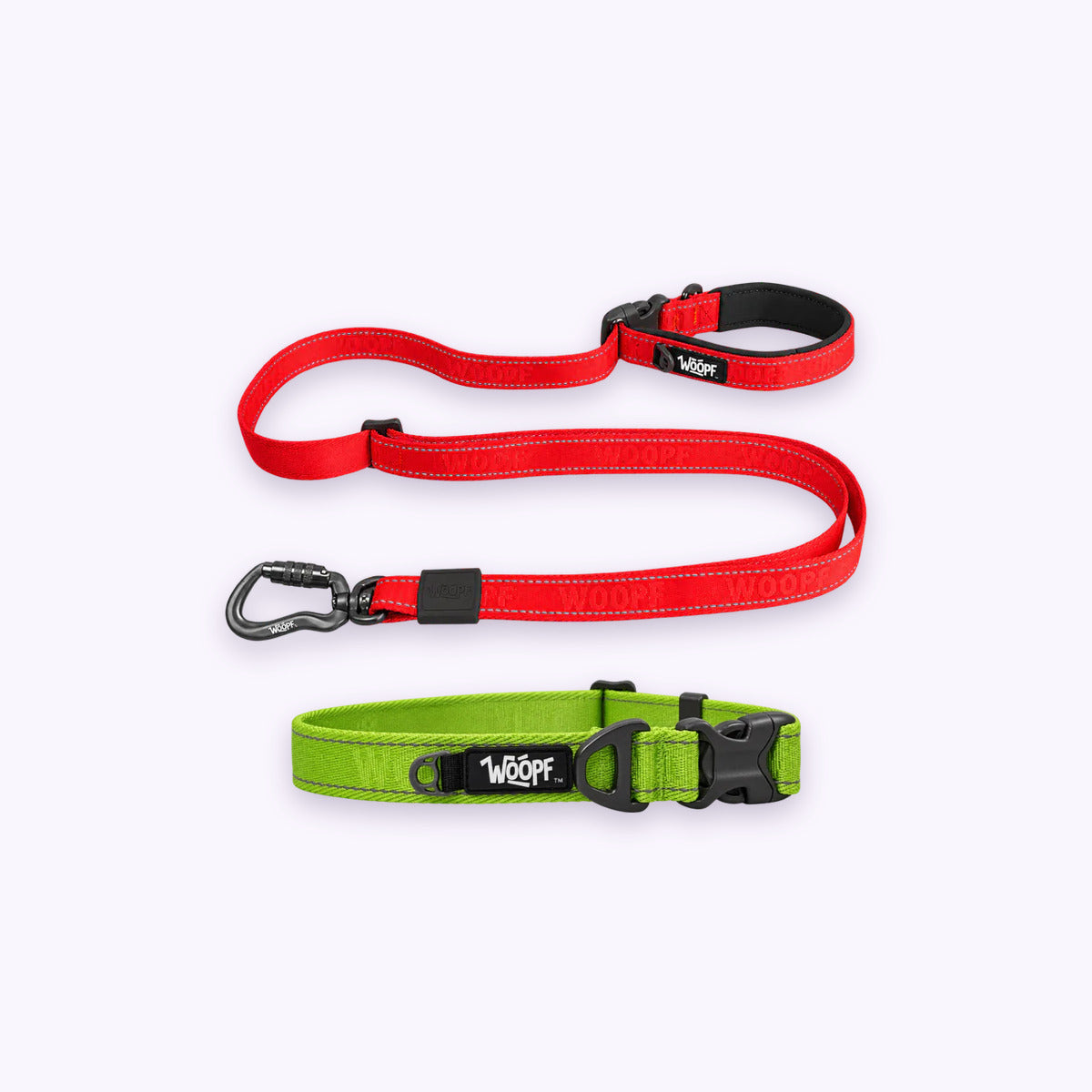 Green | City Bundle: The Green Explorer Collar with the Red Explorer Adjustable Leash on a pale lavender background