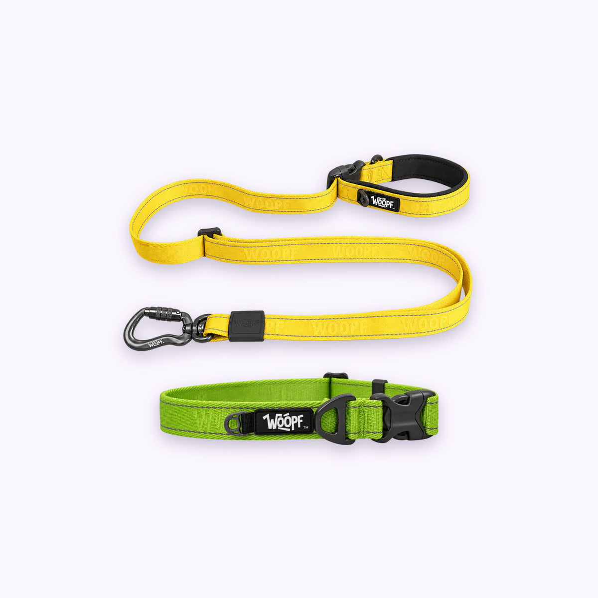 Green | City Bundle: The Green Explorer Collar with the Yellow Explorer Adjustable Leash on a pale lavender background