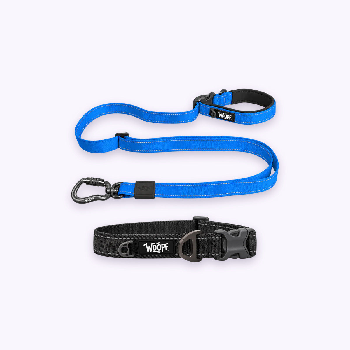 Grey | City Bundle: The Grey Explorer Collar with the Blue Explorer Adjustable Leash on a pale lavender background