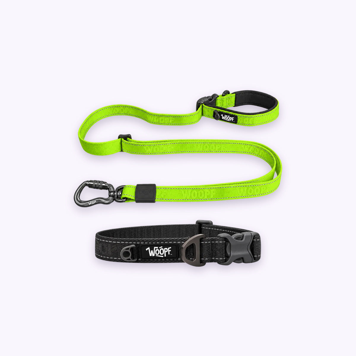Grey | City Bundle: The Grey Explorer Collar with the Green Explorer Adjustable Leash on a pale lavender background