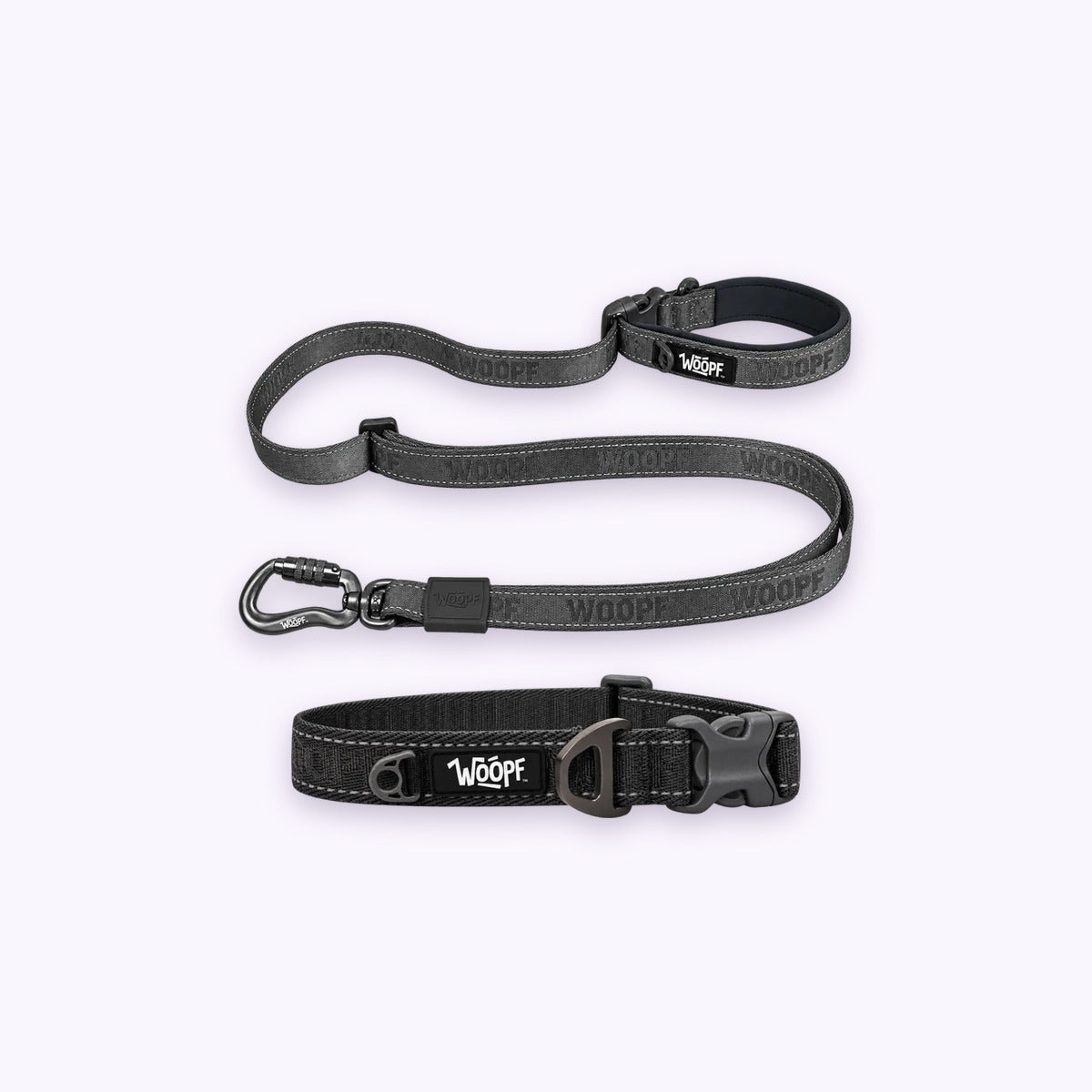 Grey | City Bundle: The Grey Explorer Collar with the Grey Explorer Adjustable Leash on a pale lavender background