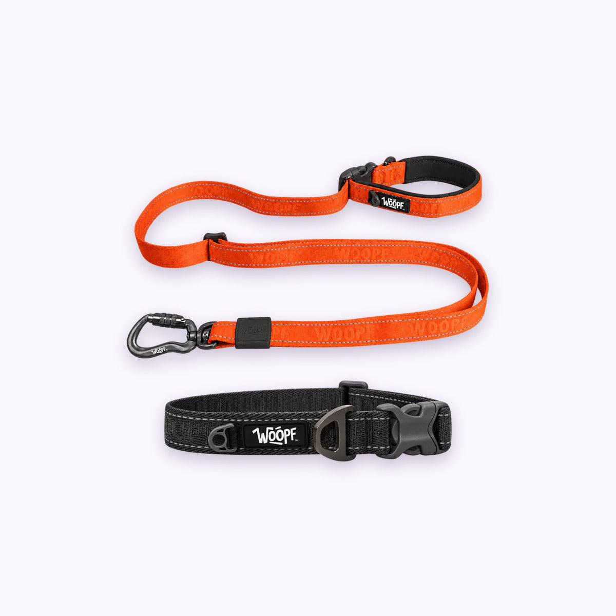 Grey | City Bundle: The Grey Explorer Collar with the Orange Explorer Adjustable Leash on a pale lavender background