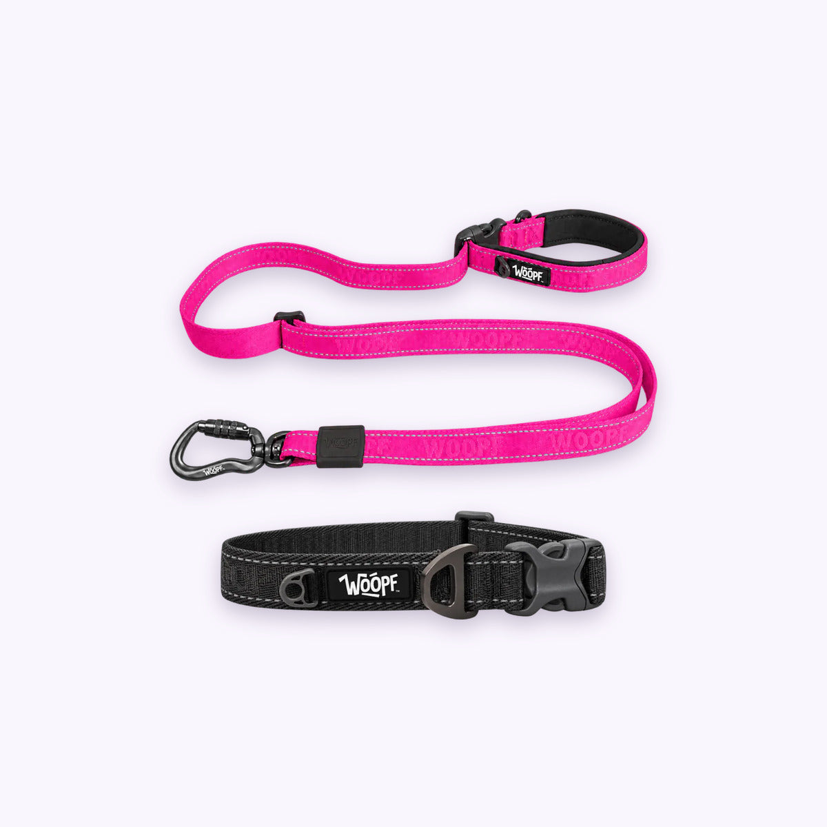 Grey | City Bundle: The Grey Explorer Collar with the Pink Explorer Adjustable Leash on a pale lavender background