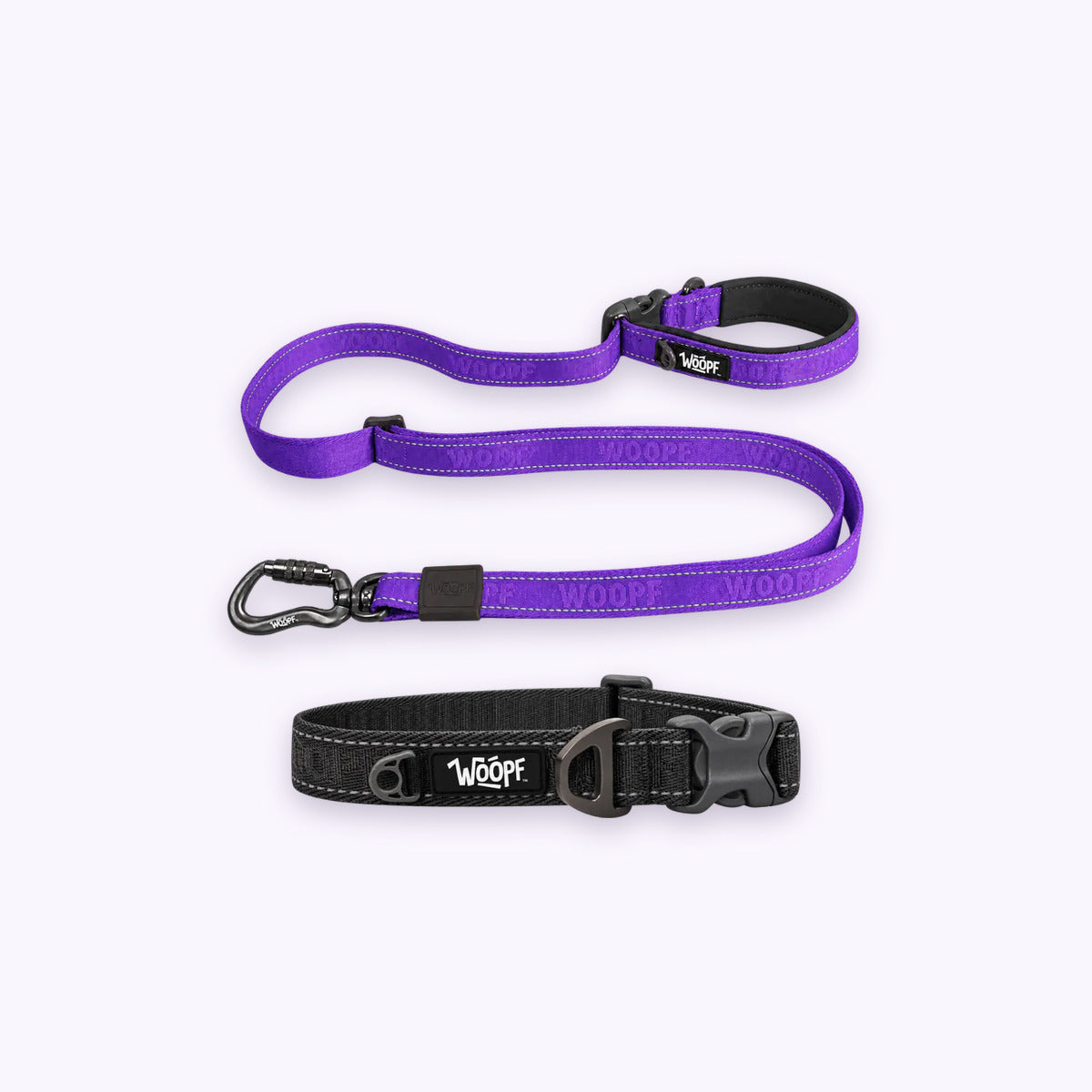 Grey | City Bundle: The Grey Explorer Collar with the Purple Explorer Adjustable Leash on a pale lavender background
