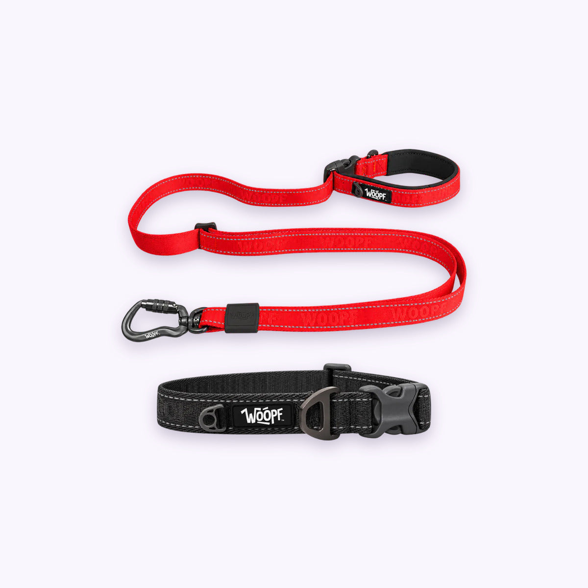 Grey | City Bundle: The Grey Explorer Collar with the Red Explorer Adjustable Leash on a pale lavender background