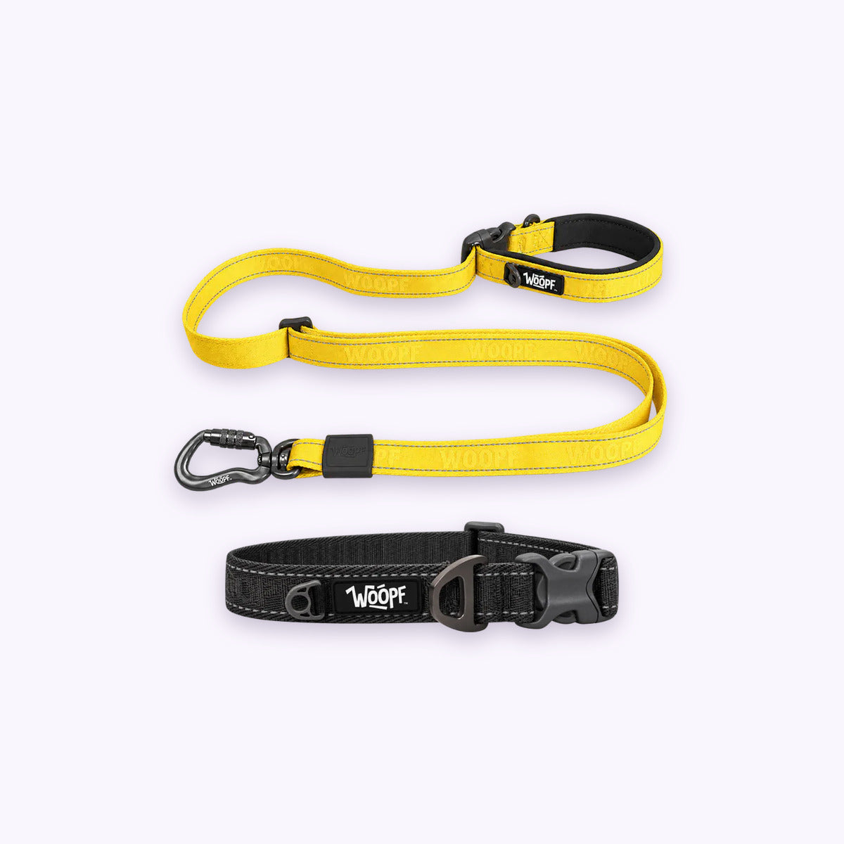 Grey | City Bundle: The Grey Explorer Collar with the Yellow Explorer Adjustable Leash on a pale lavender background