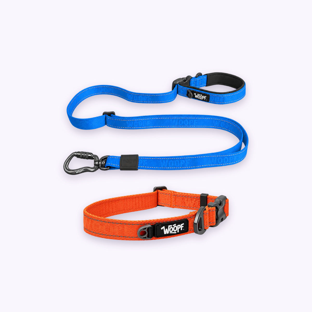 Orange | City Bundle: The Orange Explorer Collar with the Blue Explorer Adjustable Leash on a pale lavender background