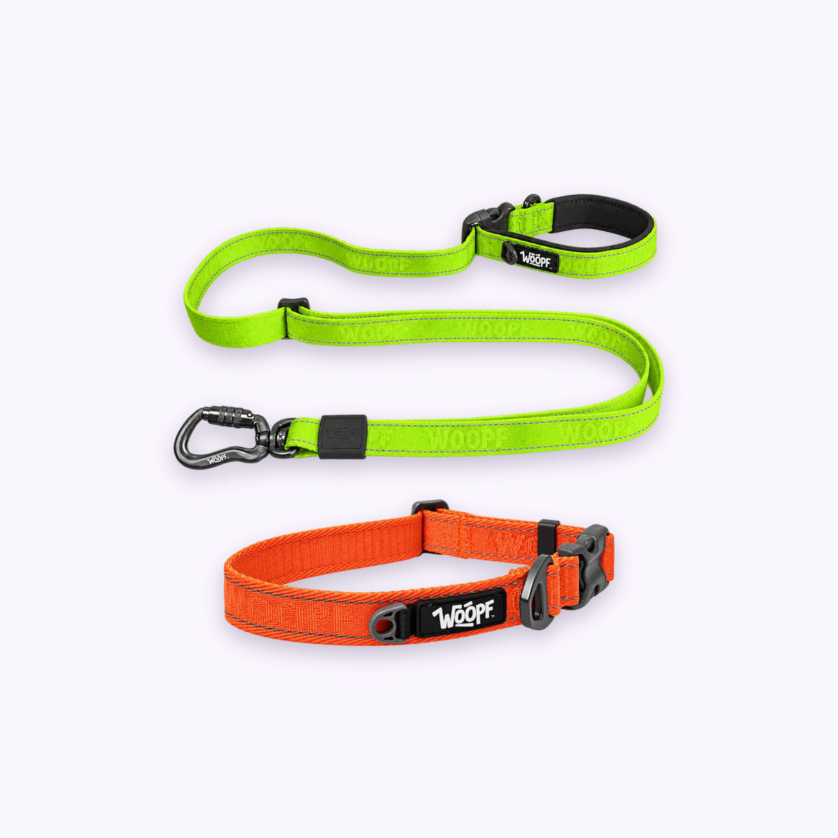 Orange | City Bundle: The Orange Explorer Collar with the Green Explorer Adjustable Leash on a pale lavender background