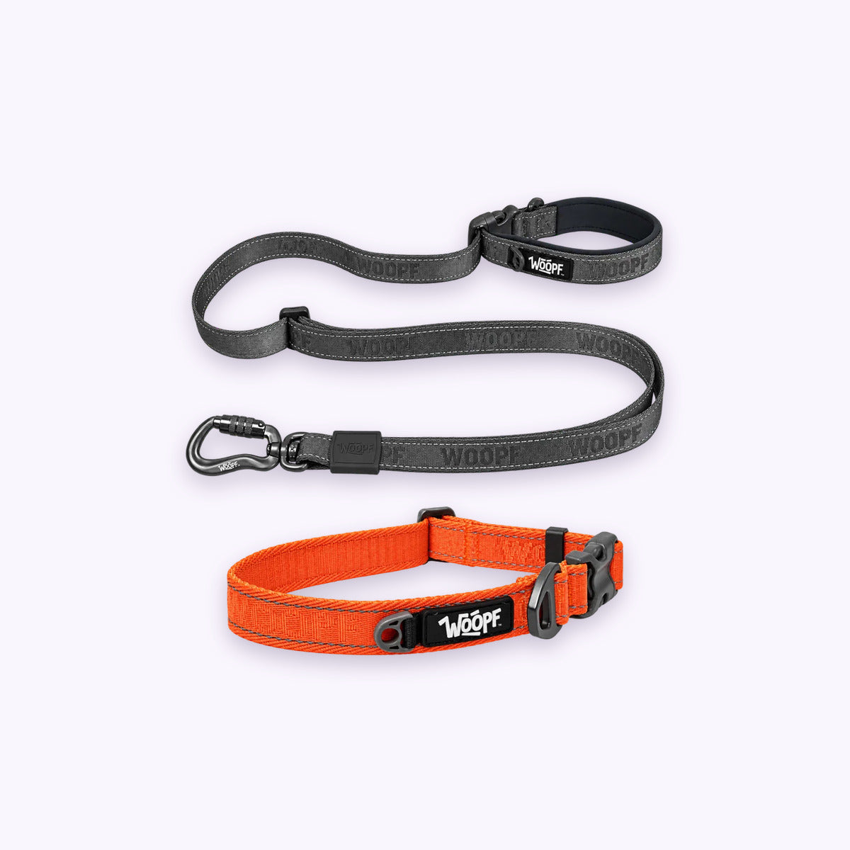 Orange | City Bundle: The Orange Explorer Collar with the Grey Explorer Adjustable Leash on a pale lavender background