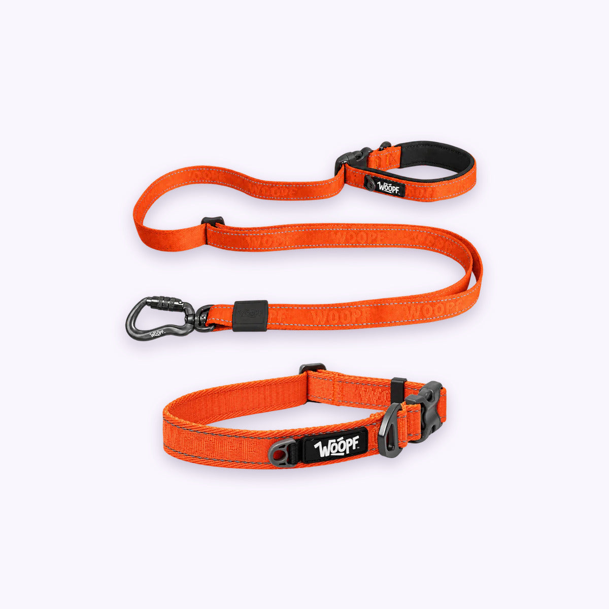 Orange | City Bundle: The Orange Explorer Collar with the Orange Explorer Adjustable Leash on a pale lavender background