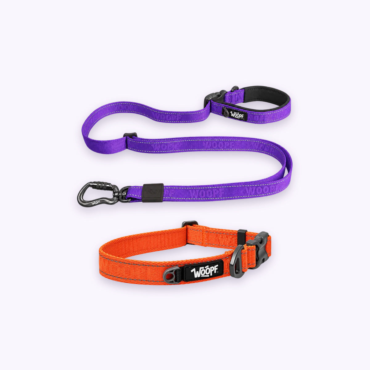 Orange | City Bundle: The Orange Explorer Collar with the Purple Explorer Adjustable Leash on a pale lavender background