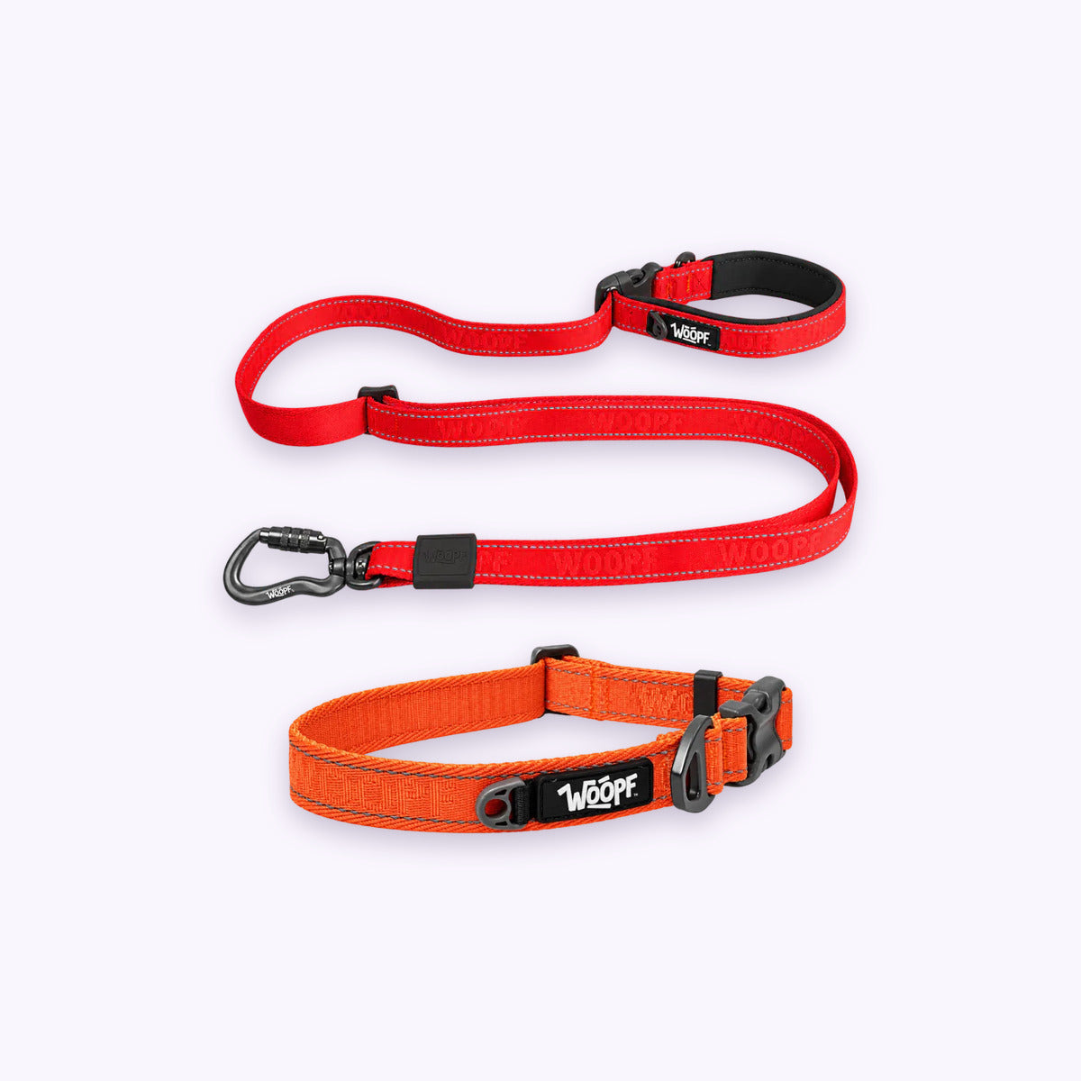 Orange | City Bundle: The Orange Explorer Collar with the Red Explorer Adjustable Leash on a pale lavender background