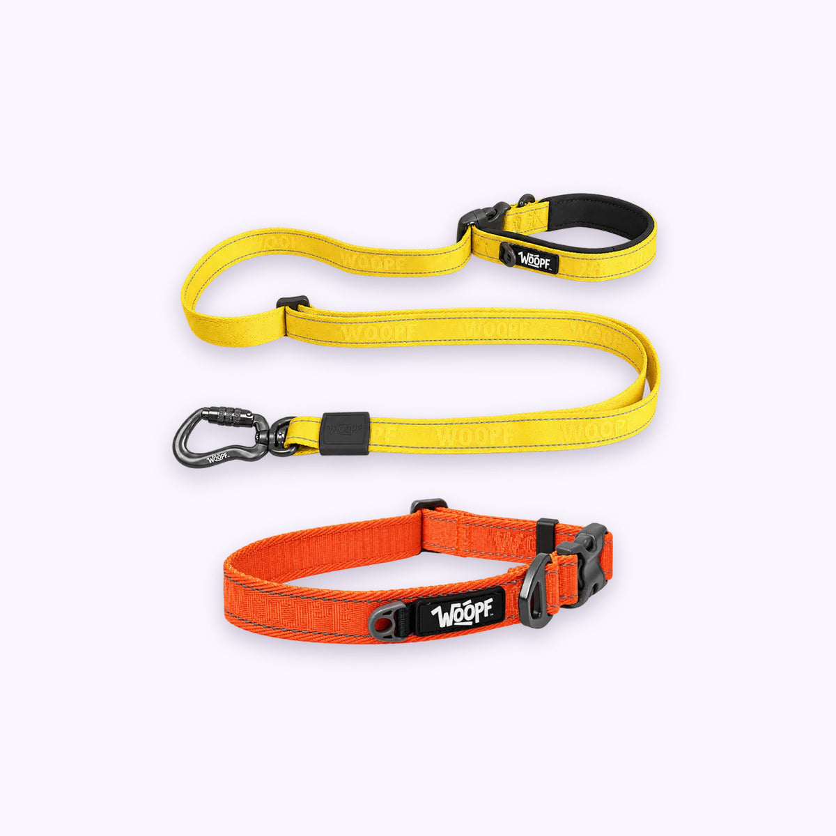 Orange | City Bundle: The Orange Explorer Collar with the Yellow Explorer Adjustable Leash on a pale lavender background