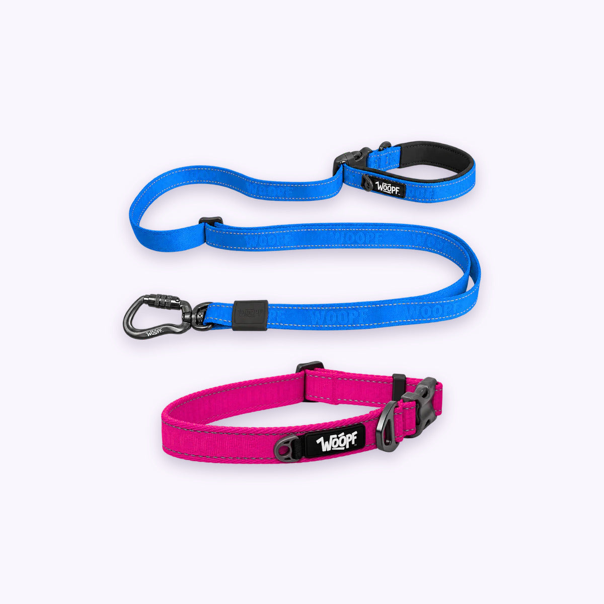 Pink | City Bundle: The Pink Explorer Collar with the Blue Explorer Adjustable Leash on a pale lavender background