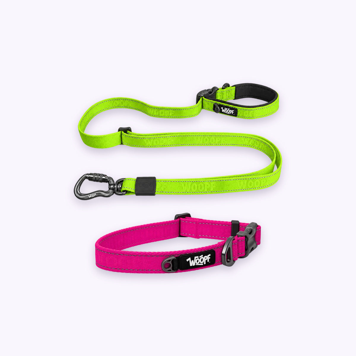 Pink | City Bundle: The Pink Explorer Collar with the Green Explorer Adjustable Leash on a pale lavender background