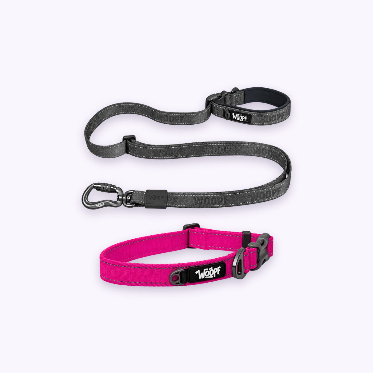 Pink | City Bundle: The Pink Explorer Collar with the Grey Explorer Adjustable Leash on a pale lavender background