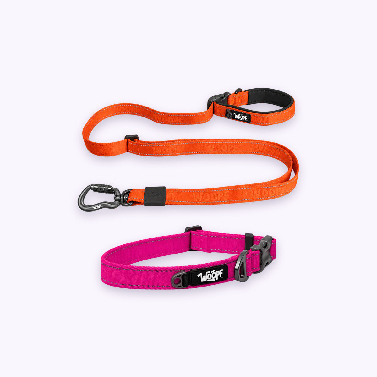 Pink | City Bundle: The Pink Explorer Collar with the Orange Explorer Adjustable Leash on a pale lavender background