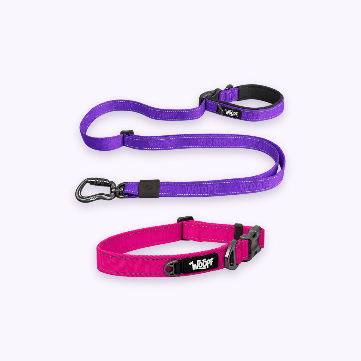 Pink | City Bundle: The Pink Explorer Collar with the Purple Explorer Adjustable Leash on a pale lavender background