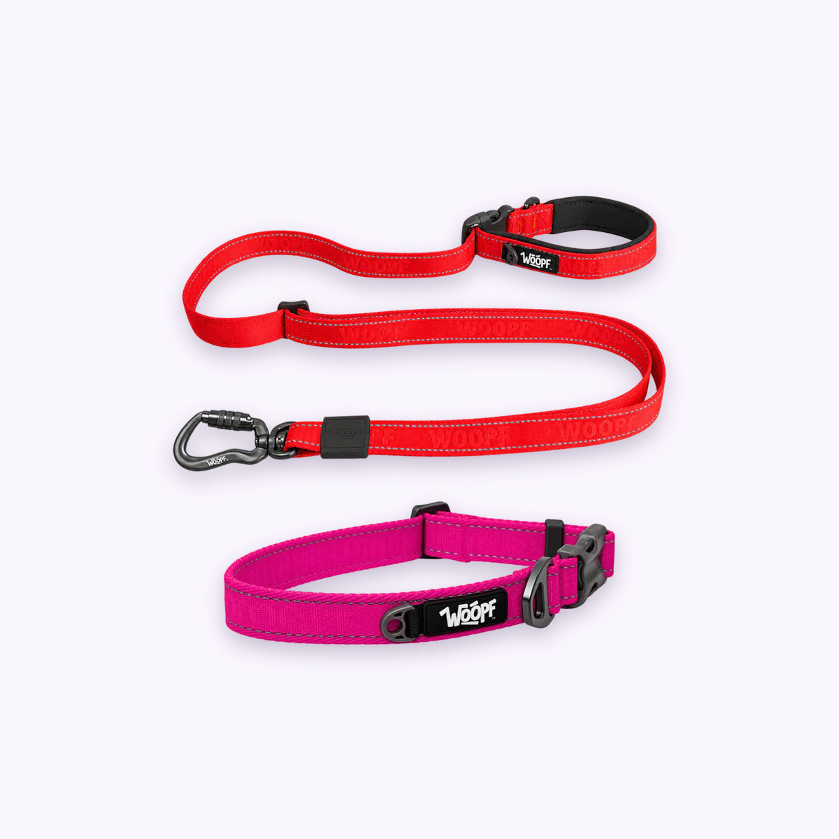 Pink | City Bundle: The Pink Explorer Collar with the Red Explorer Adjustable Leash on a pale lavender background