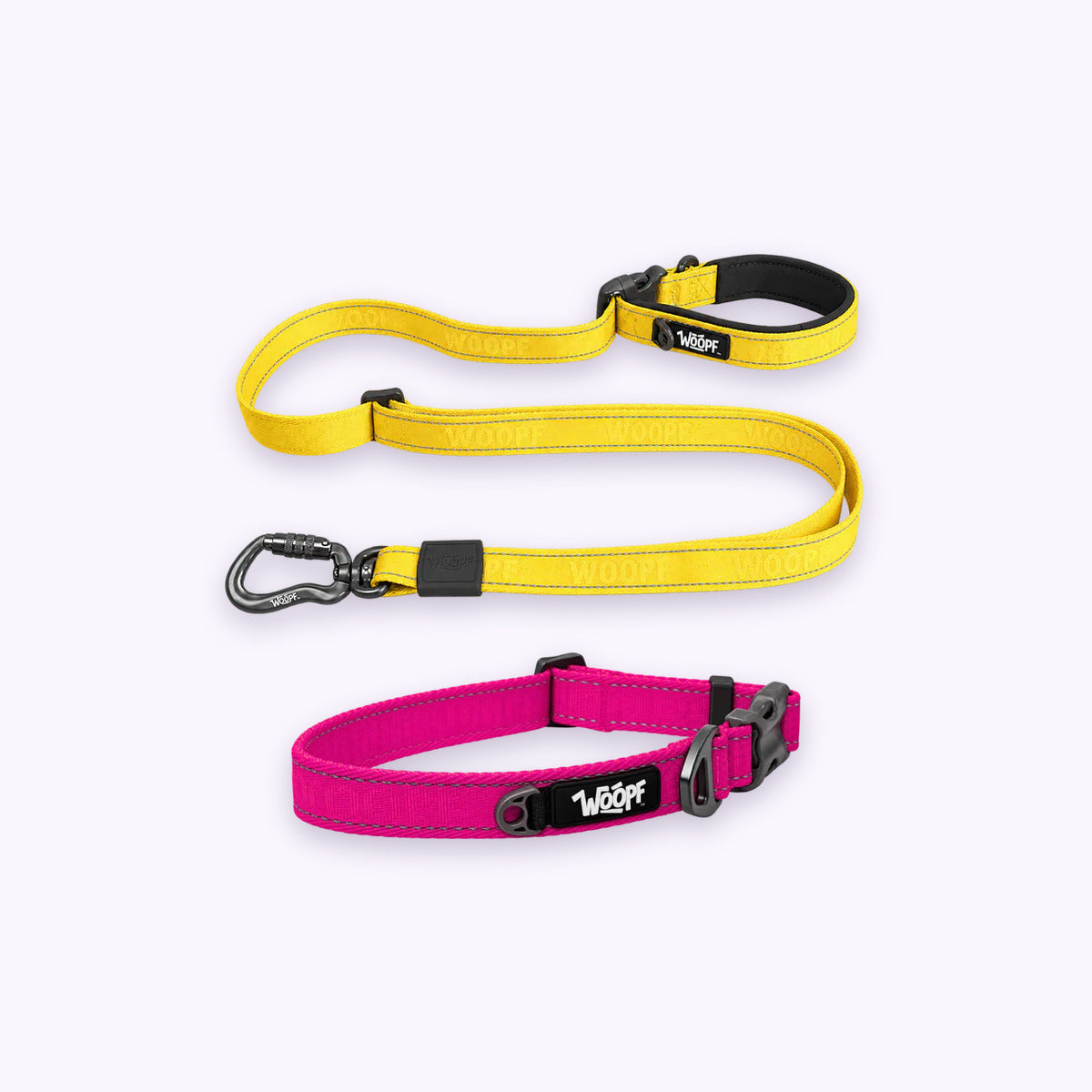 Pink | City Bundle: The Pink Explorer Collar with the Yellow Explorer Adjustable Leash on a pale lavender background