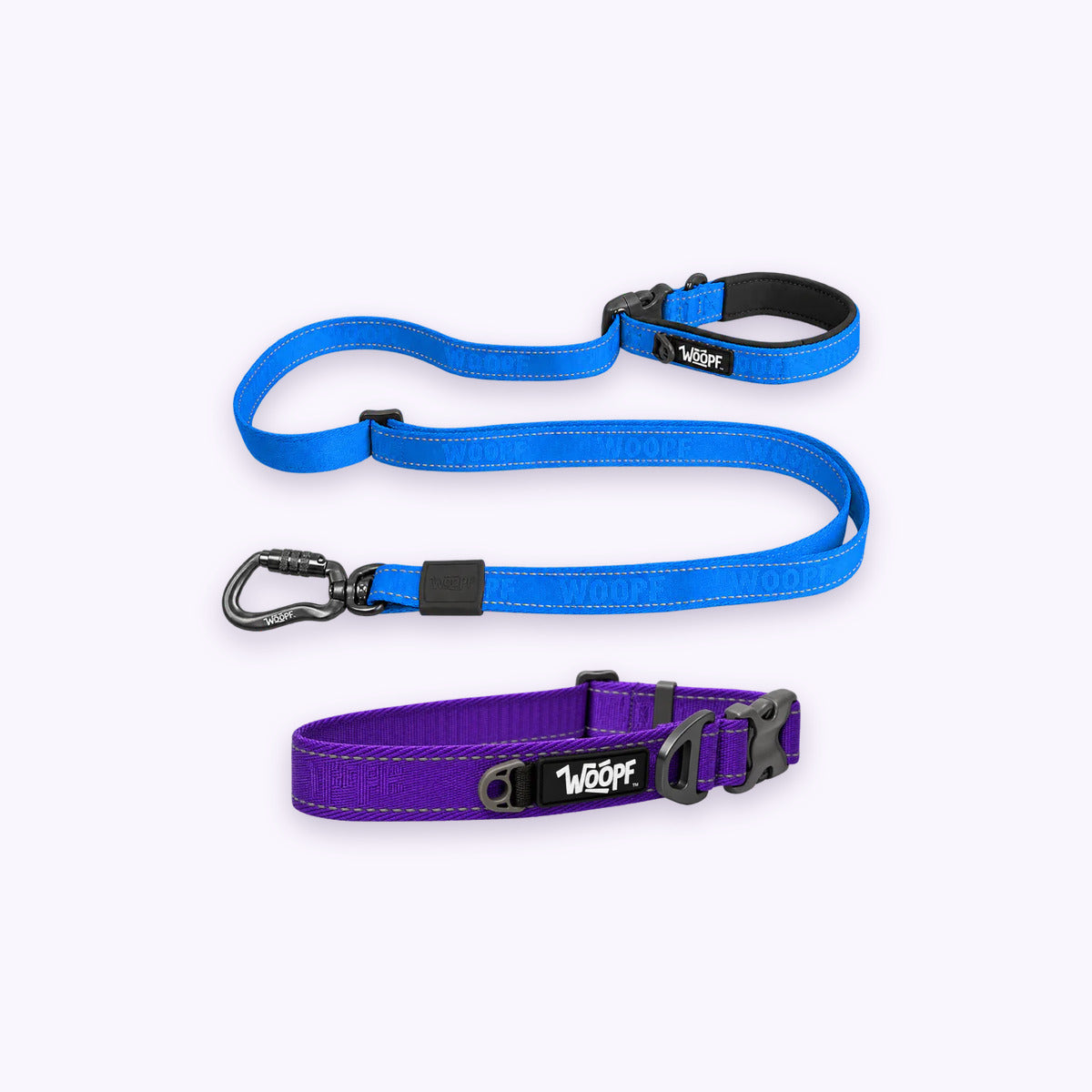 Purple | City Bundle: The Purple Explorer Collar with the Blue Explorer Adjustable Leash on a pale lavender background