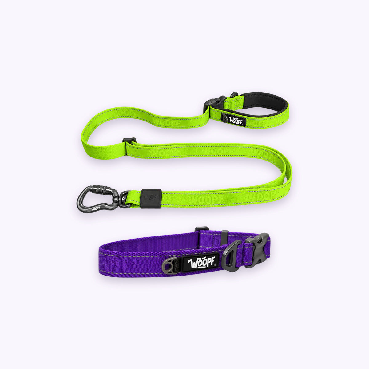 Purple | City Bundle: The Purple Explorer Collar with the Green Explorer Adjustable Leash on a pale lavender background