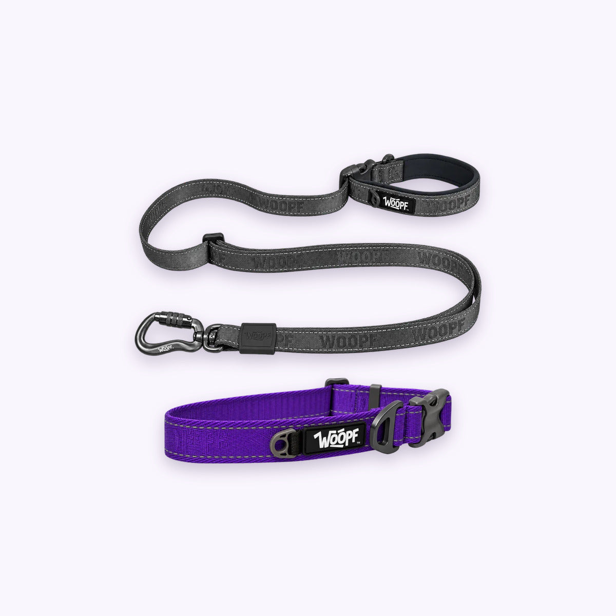 Purple | City Bundle: The Purple Explorer Collar with the Grey Explorer Adjustable Leash on a pale lavender background