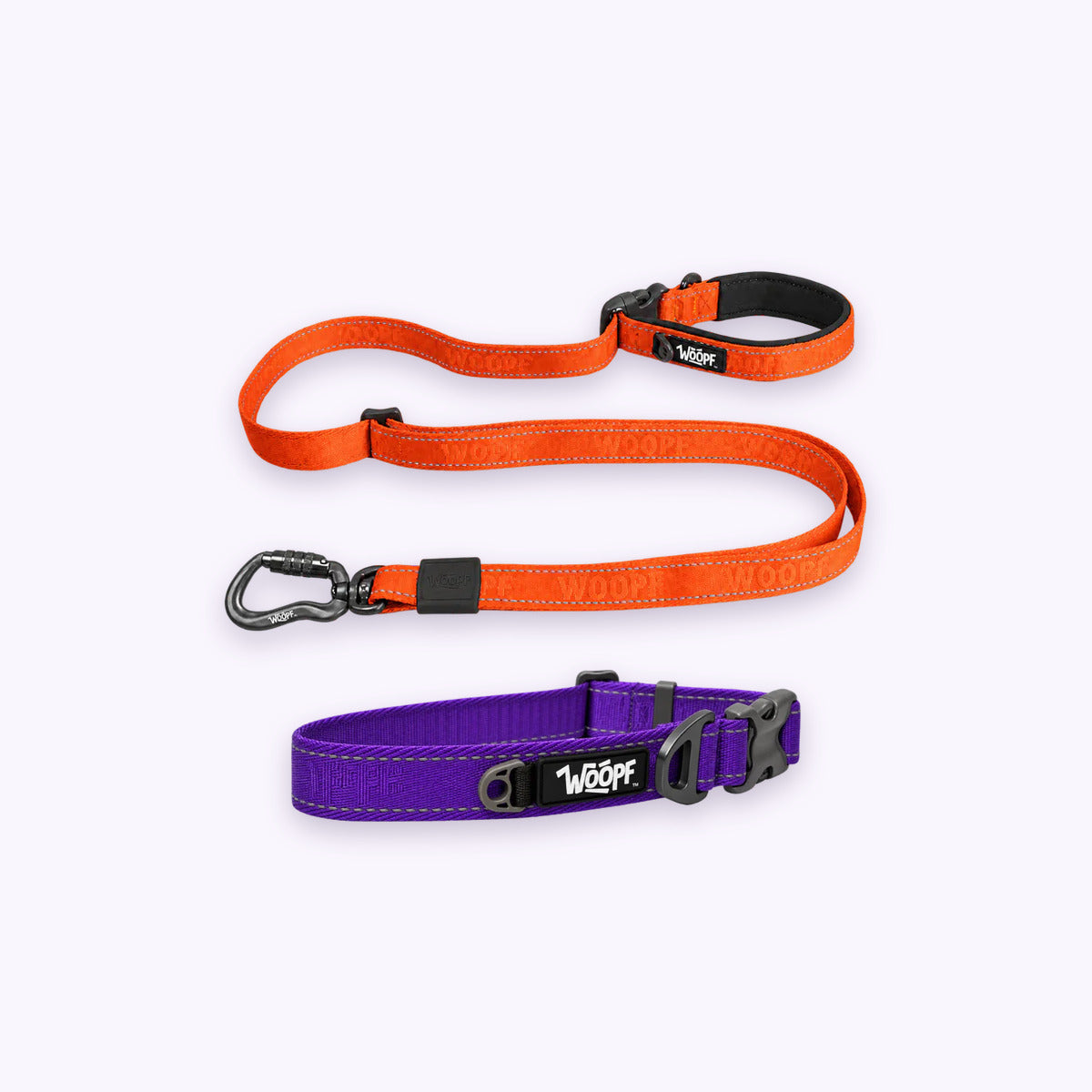 Purple | City Bundle: The Purple Explorer Collar with the Orange Explorer Adjustable Leash on a pale lavender background