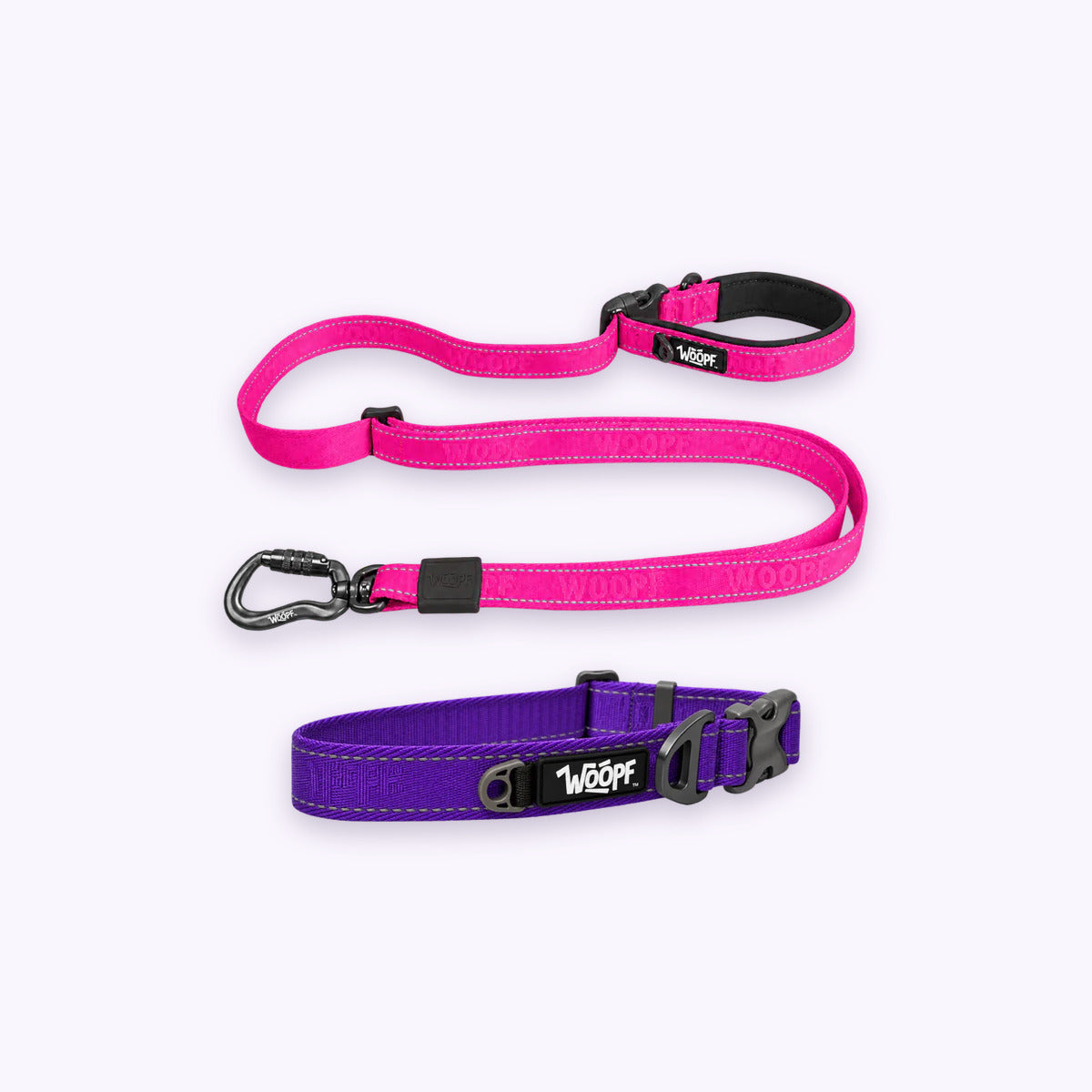Purple | City Bundle: The Purple Explorer Collar with the Pink Explorer Adjustable Leash on a pale lavender background