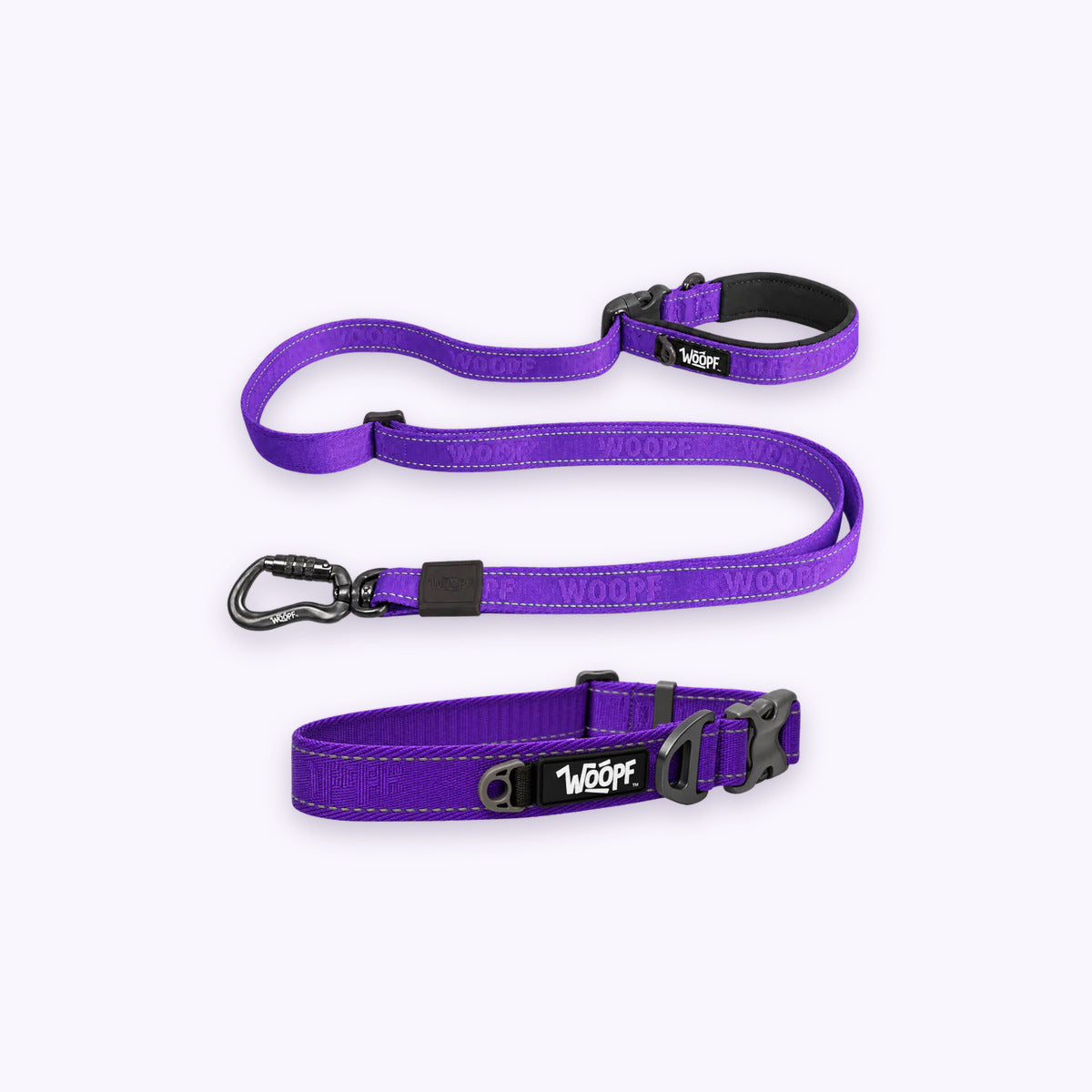 Purple | City Bundle: The Purple Explorer Collar with the Purple Explorer Adjustable Leash on a pale lavender background