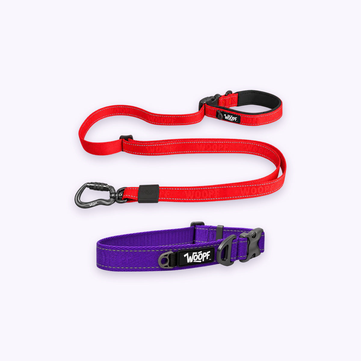 Purple | City Bundle: The Purple Explorer Collar with the Red Explorer Adjustable Leash on a pale lavender background