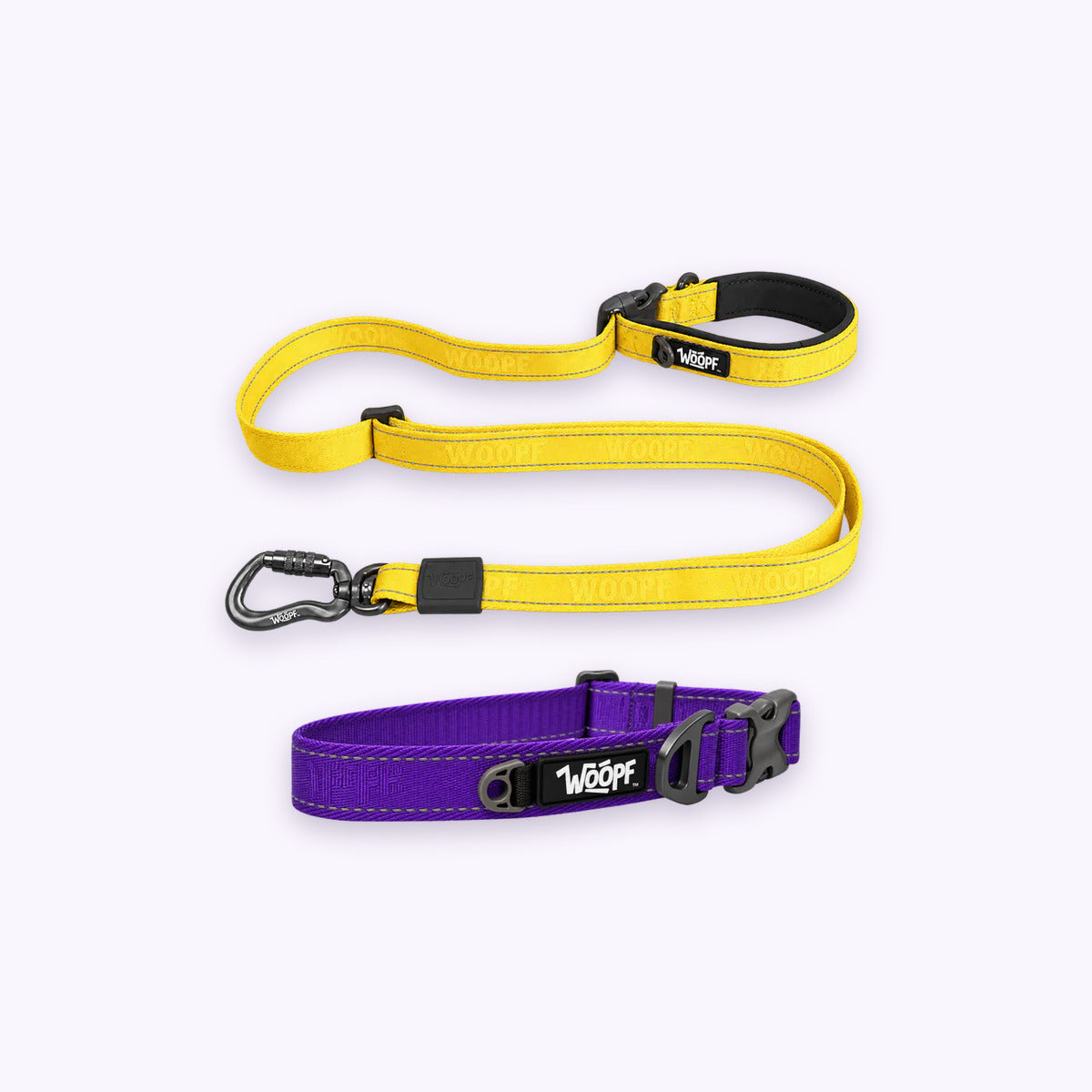 Purple | City Bundle: The Purple Explorer Collar with the Yellow Explorer Adjustable Leash on a pale lavender background