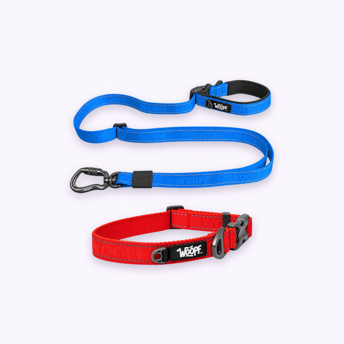 Red | City Bundle: The Red Explorer Collar with the Blue Explorer Adjustable Leash on a pale lavender background