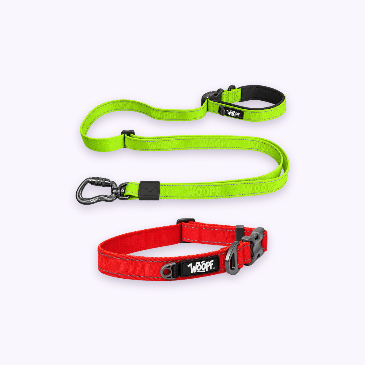 Red | City Bundle: The Red Explorer Collar with the Green Explorer Adjustable Leash on a pale lavender background