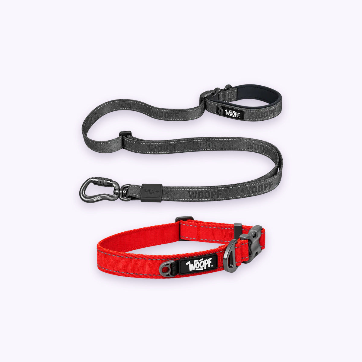 Red | City Bundle: The Red Explorer Collar with the Grey Explorer Adjustable Leash on a pale lavender background