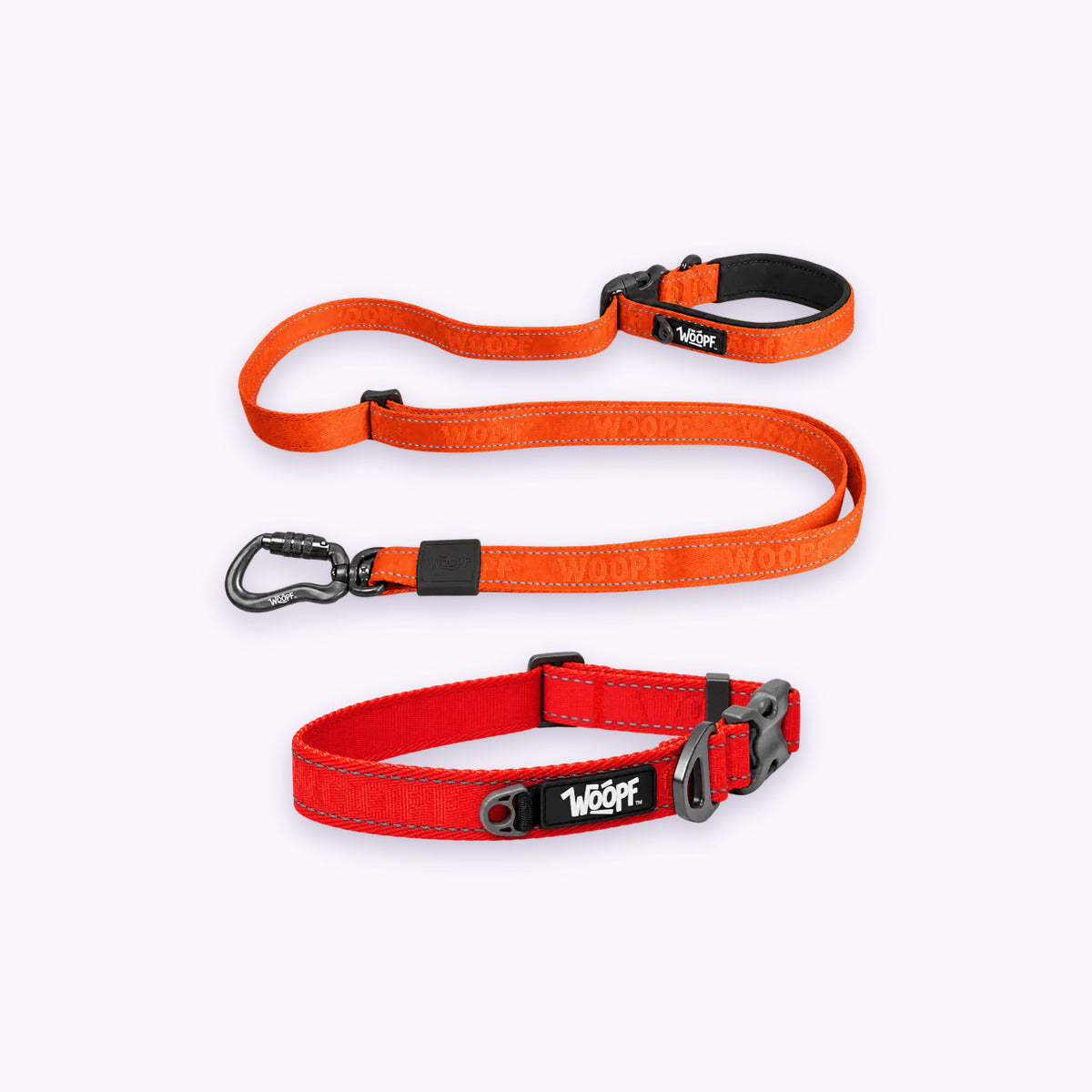 Red | City Bundle: The Red Explorer Collar with the Orange Explorer Adjustable Leash on a pale lavender background