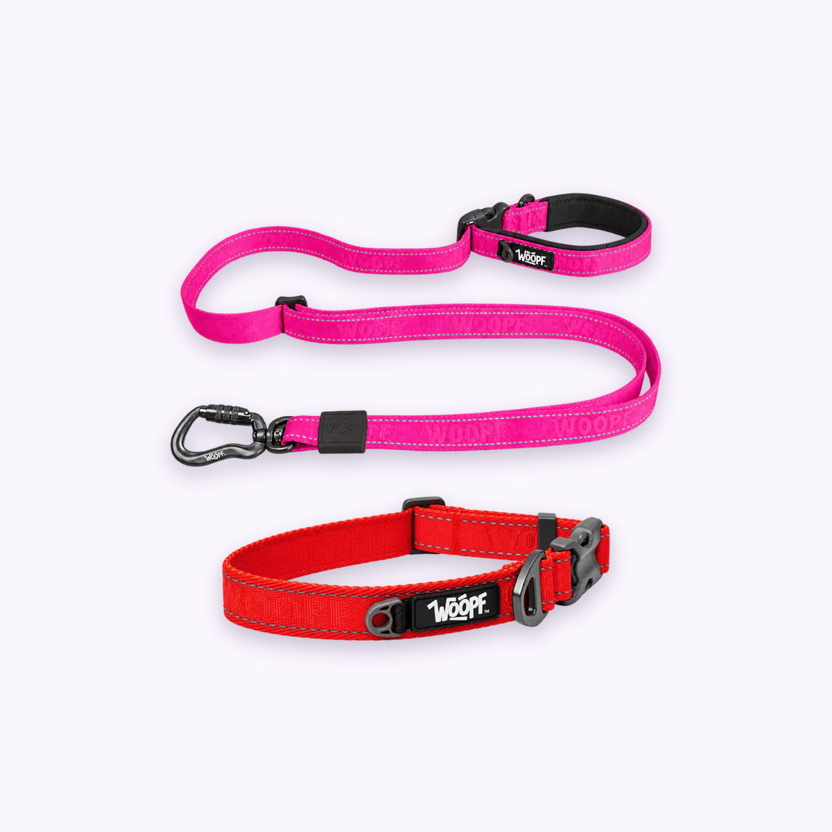 Red | City Bundle: The Red Explorer Collar with the Pink Explorer Adjustable Leash on a pale lavender background