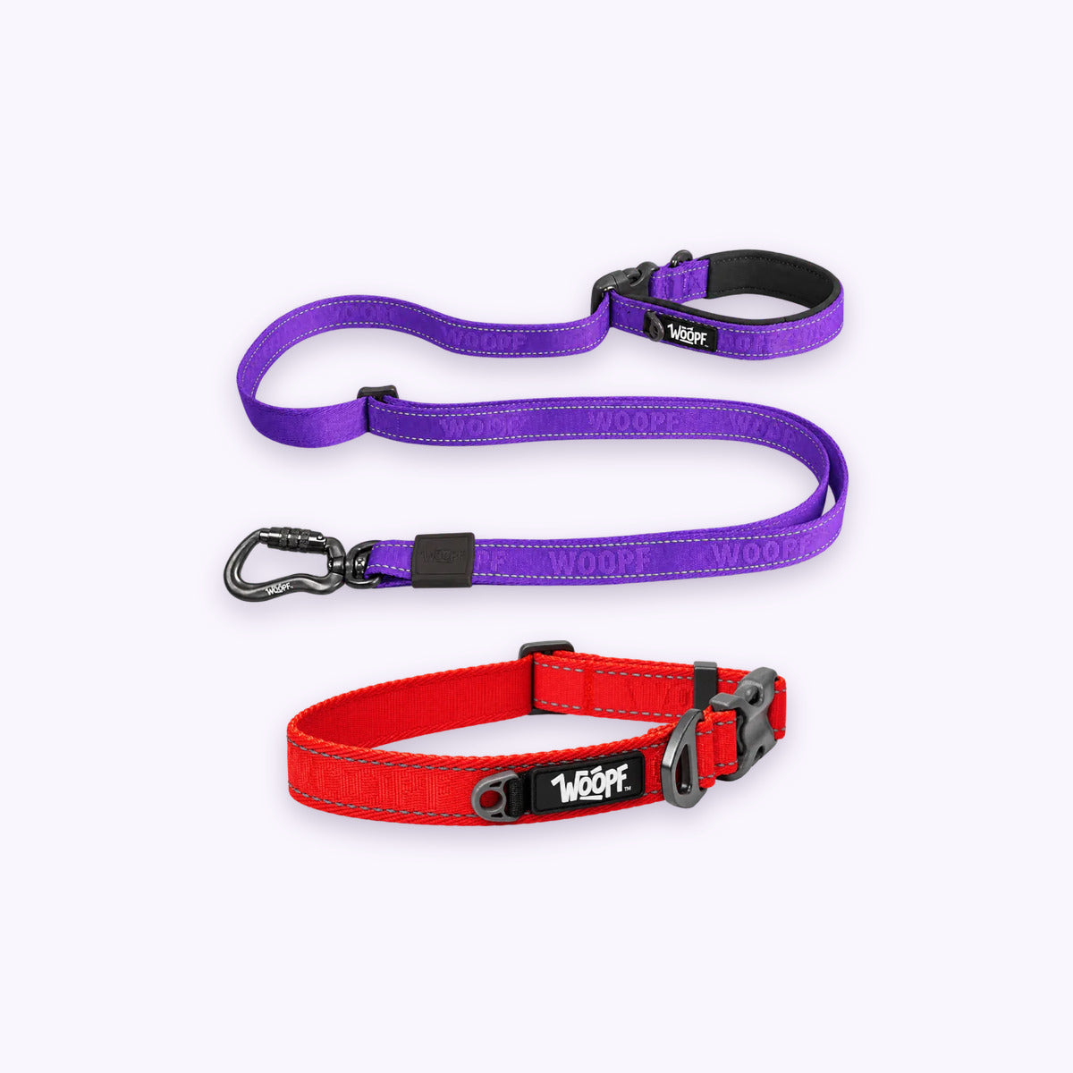 Red | City Bundle: The Red Explorer Collar with the Purple Explorer Adjustable Leash on a pale lavender background