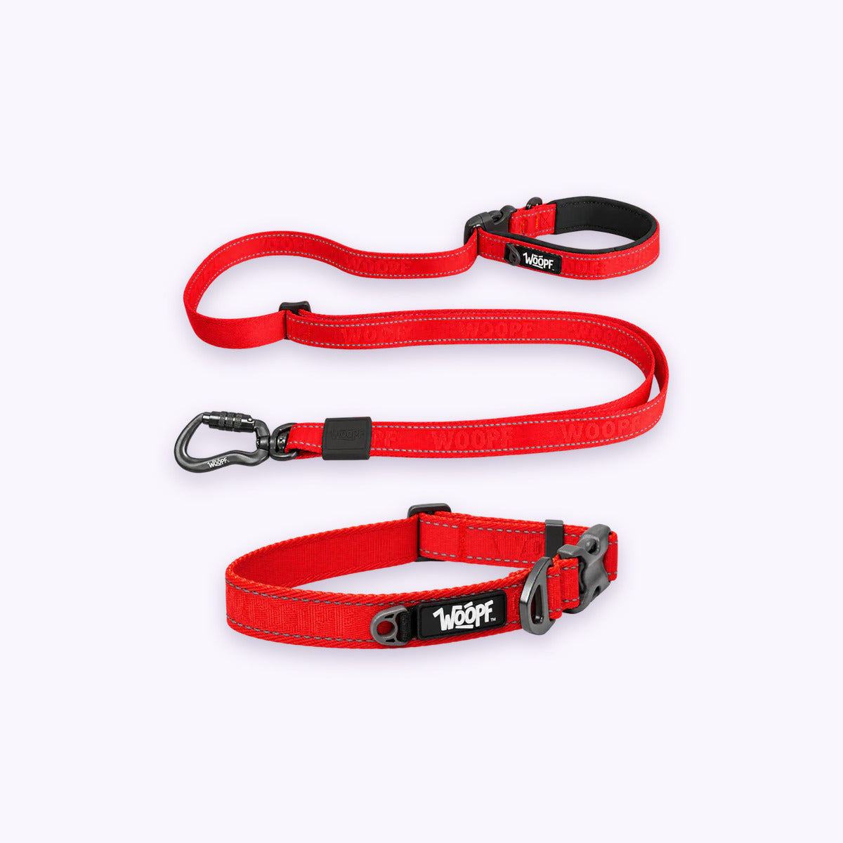 Red | City Bundle: The Red Explorer Collar with the Red Explorer Adjustable Leash on a pale lavender background