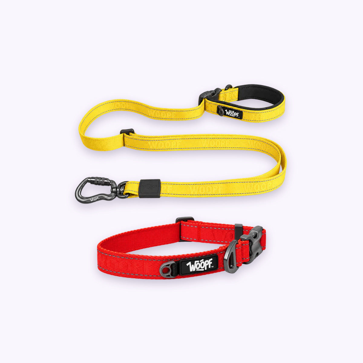 Red | City Bundle: The Red Explorer Collar with the Yellow Explorer Adjustable Leash on a pale lavender background