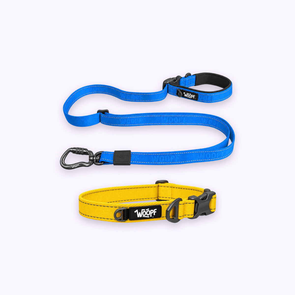 Yellow | City Bundle: The Yellow Explorer Collar with the Blue Explorer Adjustable Leash on a pale lavender background
