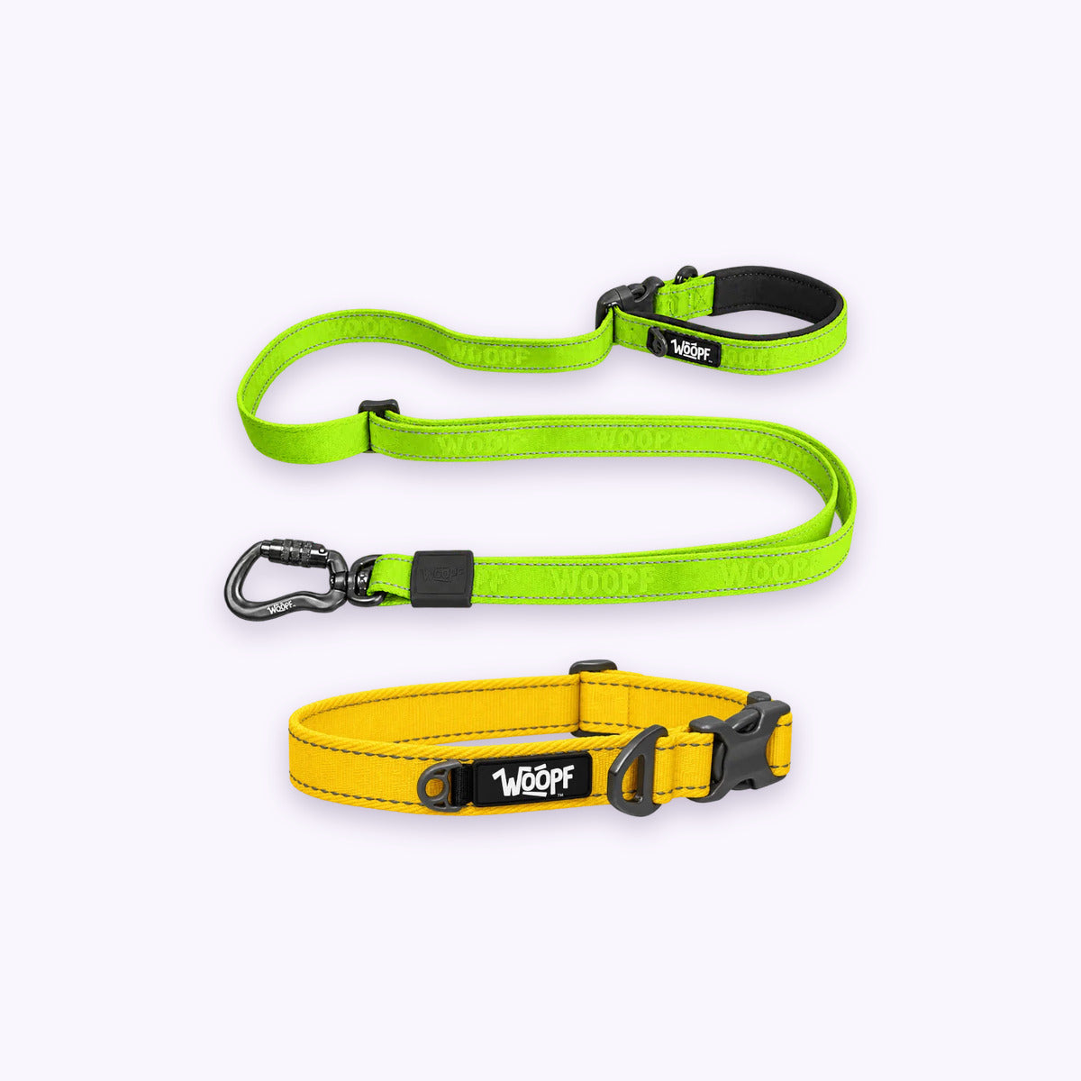 Yellow | City Bundle: The Yellow Explorer Collar with the Green Explorer Adjustable Leash on a pale lavender background