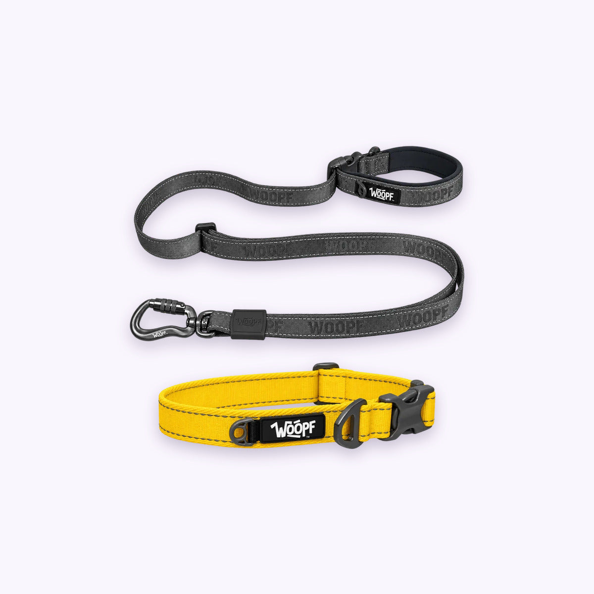 Yellow | City Bundle: The Yellow Explorer Collar with the Grey Explorer Adjustable Leash on a pale lavender background