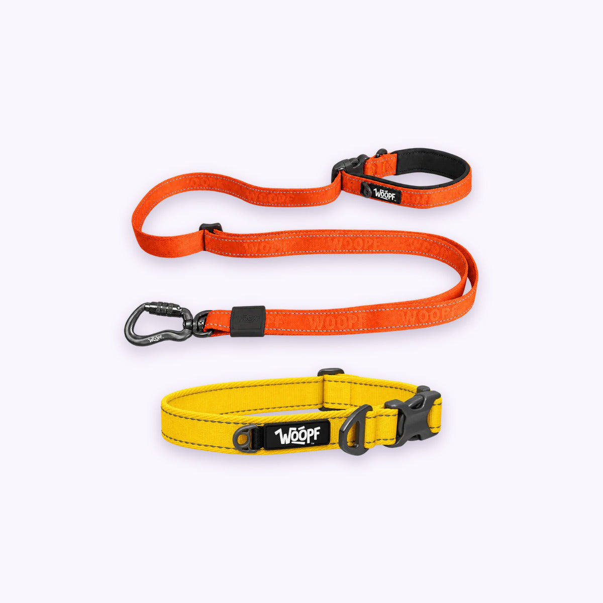 Yellow | City Bundle: The Yellow Explorer Collar with the Orange Explorer Adjustable Leash on a pale lavender background