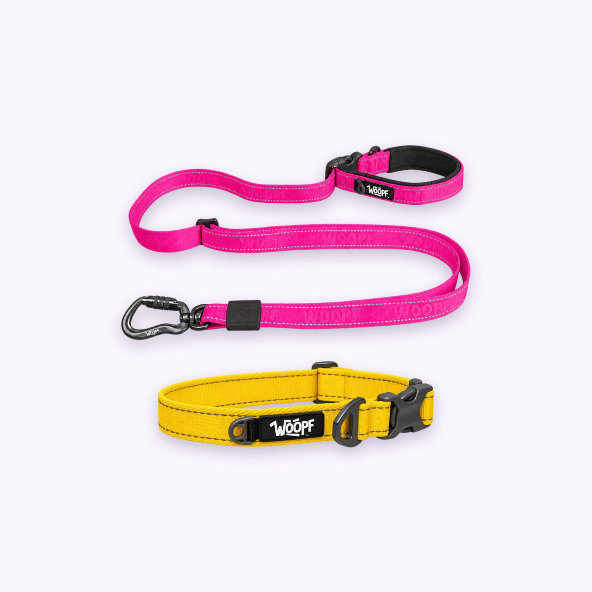 Yellow | City Bundle: The Yellow Explorer Collar with the Pink Explorer Adjustable Leash on a pale lavender background